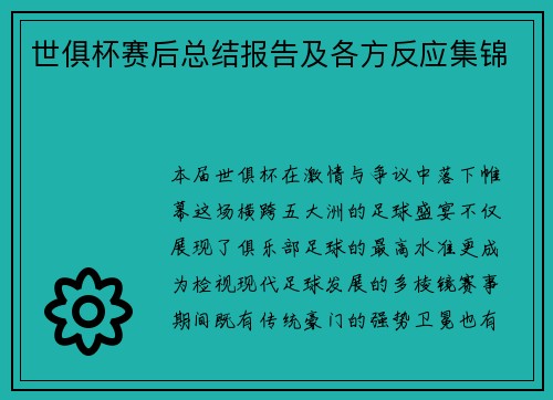 世俱杯赛后总结报告及各方反应集锦
