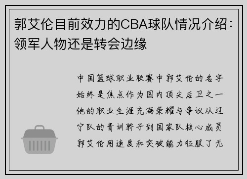 郭艾伦目前效力的CBA球队情况介绍：领军人物还是转会边缘
